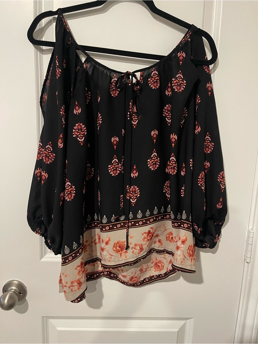 Cold-Shoulder Floral Border Blouse — Black with Coral Accents